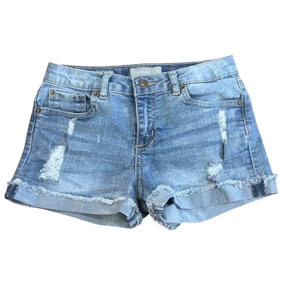 Lucky Brand Girls Riley Distressed Denim Jean Shorts Blue Frayed Hem Size 12